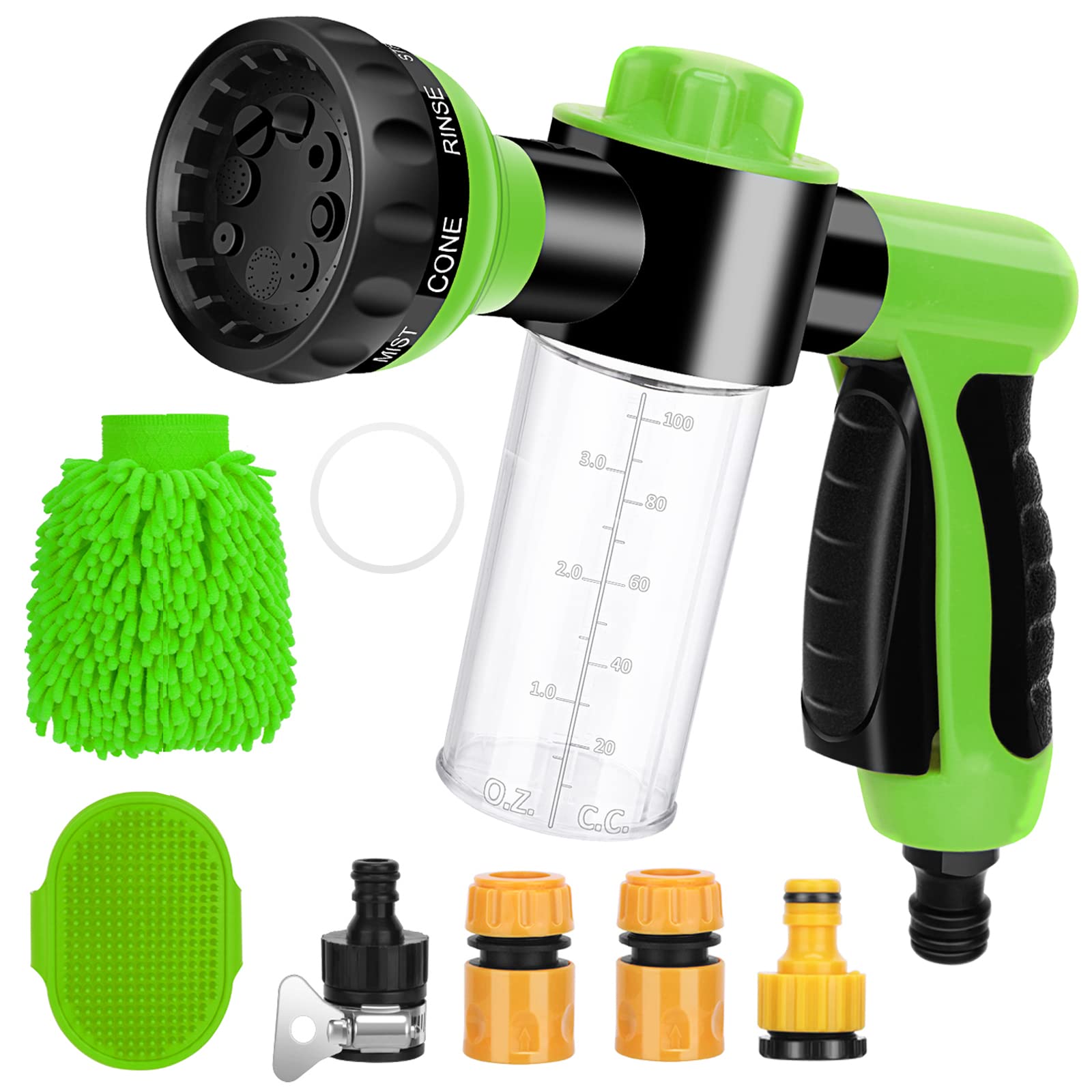 Dog Wash Hose Attachment 7 Pieces Pet Bathing Tool Set Include Hose Nozzle Foam Sprayer with Connectors Dog Rubber Comb Brush and Wash Mitt for Showering Pet Car Wash and Watering Plants