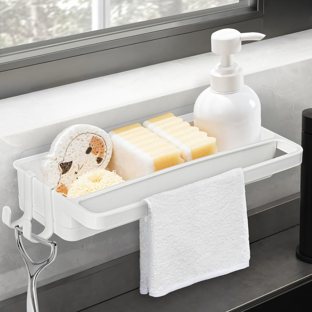 KIMCHOMERSE Dish Sponge Holder Wall Mount Detergent Tray Plastic Dishcloth Rack for Kitchen Bathroom Sink Organization - White