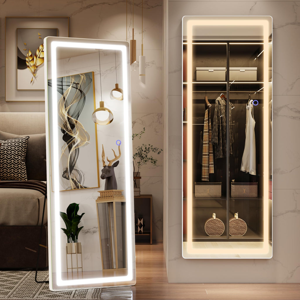 FENNIO Full Length Mirror with Lights 61" x 21" LED Full Body Mirror Free Standing Lighted Floor Mirror Wall Mounted Hanging Mirror with Lights for Bedroom Salon Dimmable & 3 Color Lighting