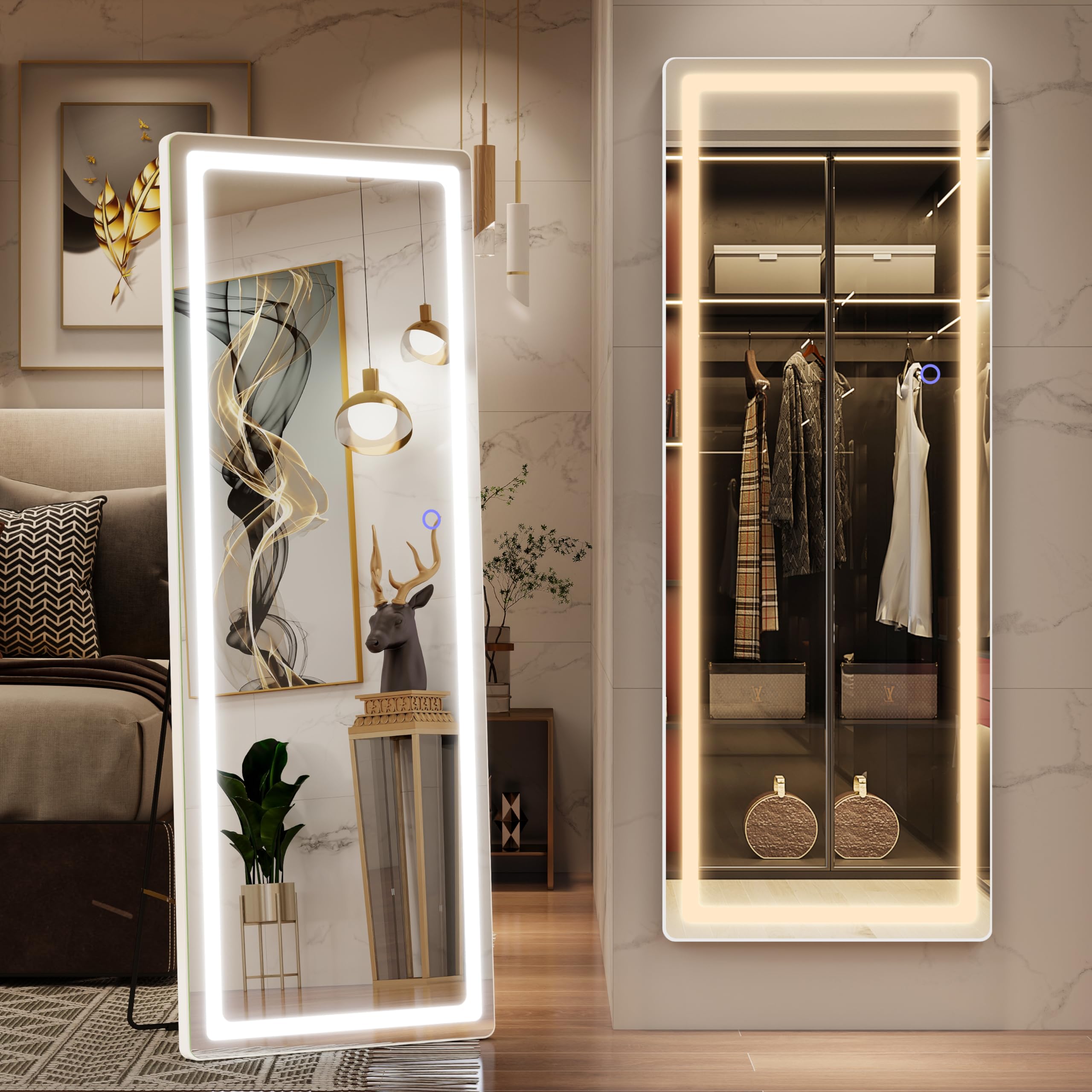 FENNIO Full Length Mirror with Lights 61" x 21" LED Full Body Mirror Free Standing Lighted Floor Mirror Wall Mounted Hanging Mirror with Lights for Bedroom Salon Dimmable & 3 Color Lighting